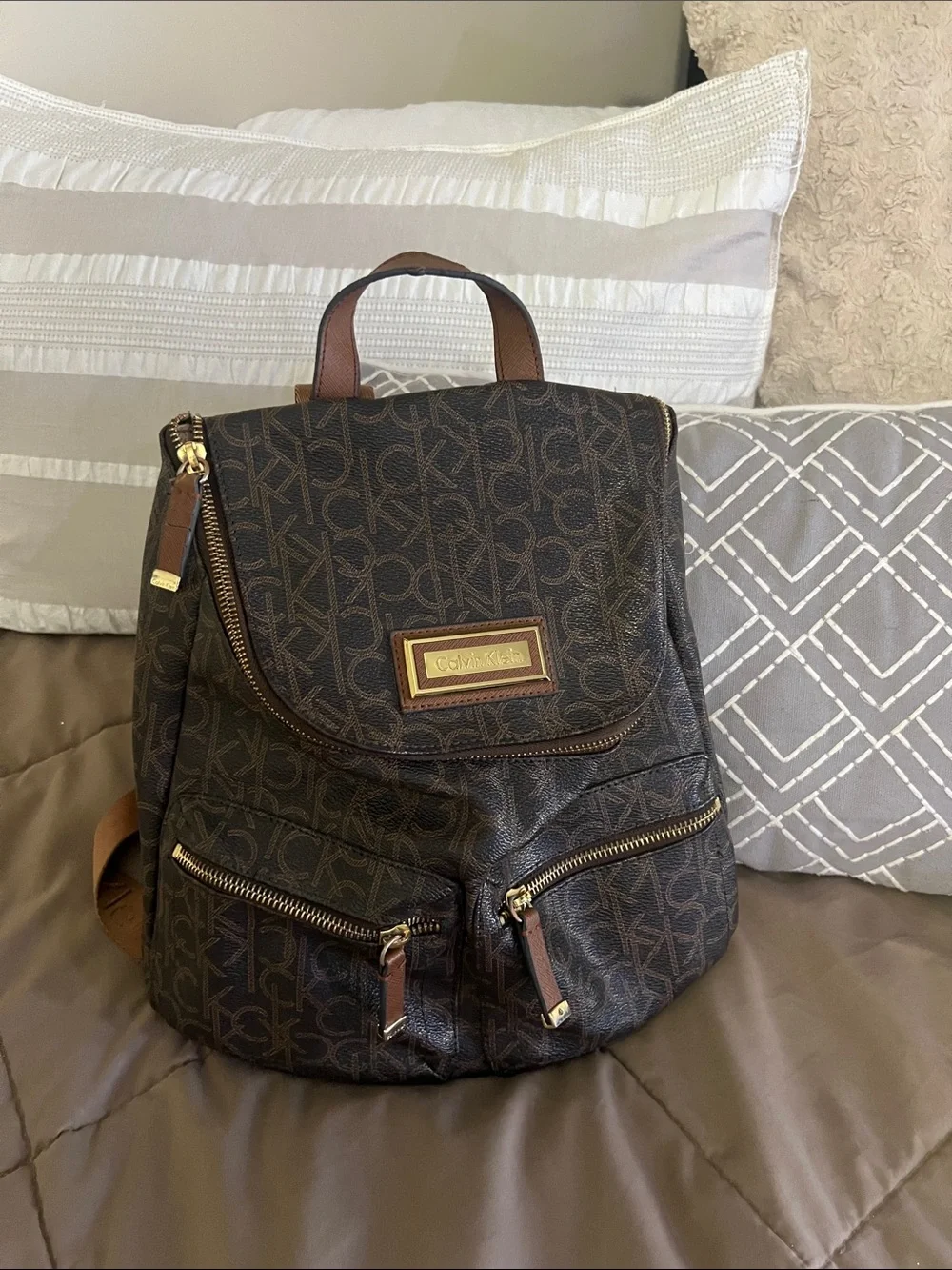 Calvin Klein Brown Monogram Backpack with Gold Hardware